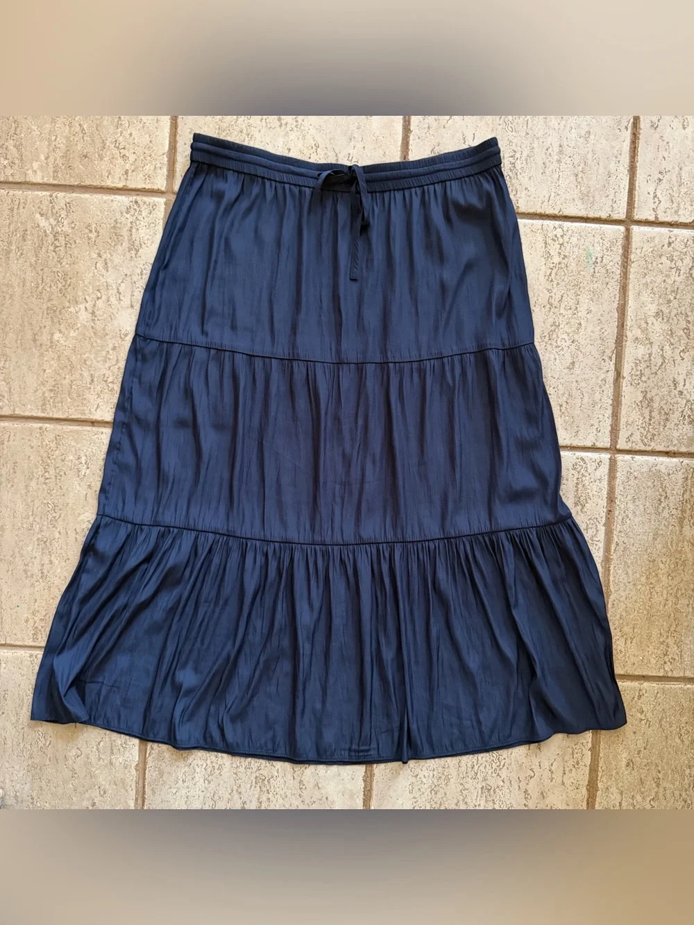 J. Jill Navy Blue Crinkle Tiered Maxi Skirt Womens Size XL Elastic Waist Flowy